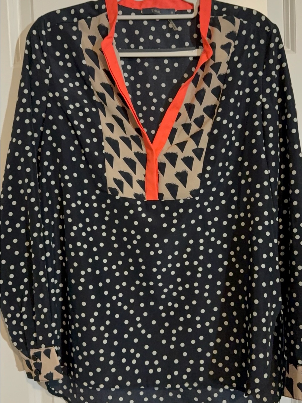 THML Black Polka Dot Tunic with Coral Trim and Beige Pattern